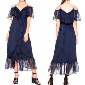 MISA Los Angeles Tayla Navy Ruffle Off The Shoulder Midi Wrap Dress